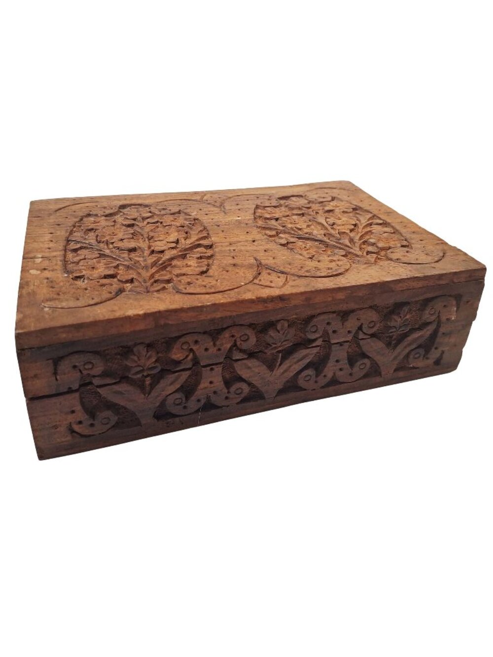 VTG Handmade Wooden Jewelry Box With Intricate Floral Carvings Hinged Lid Velvet